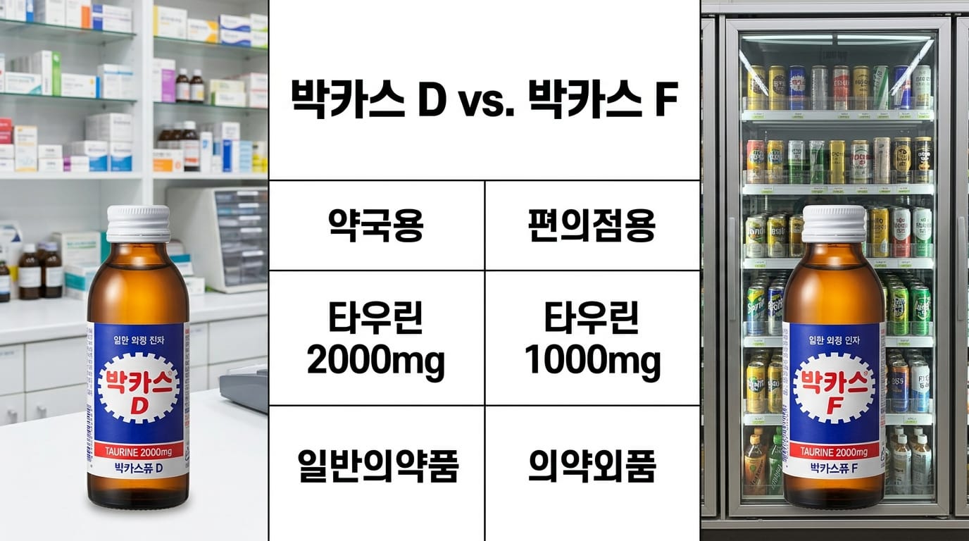 약국용 박카스D와 편의점용 박카스F의 타우린 함량과 제품 분류를 비교한 이미지
