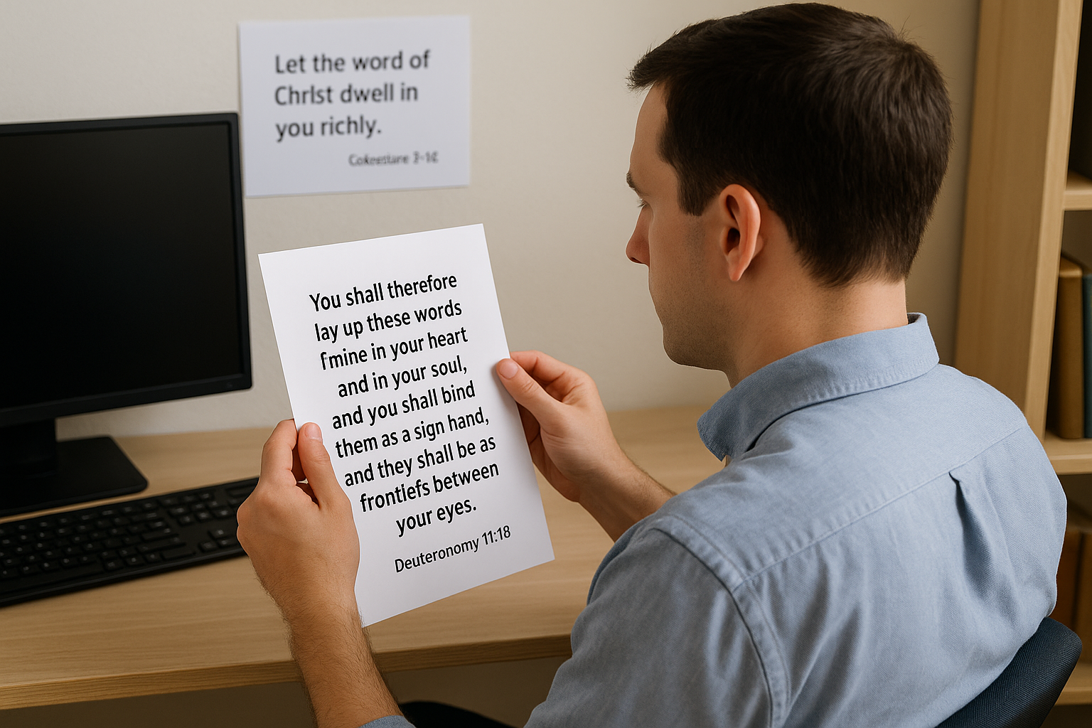 신 11:18 말씀을 보며&amp;#44; 자신의 몸 또는 근처에 그것을 새기고 묶어서라도 말씀과 명령을 지키는 모습이 동기부여 되었으며&amp;#44; 저도 말씀을 기억하기 위해 말씀을 프린트하고 직장이나 집에 말씀을 두고 암송하려는 모습입니다.