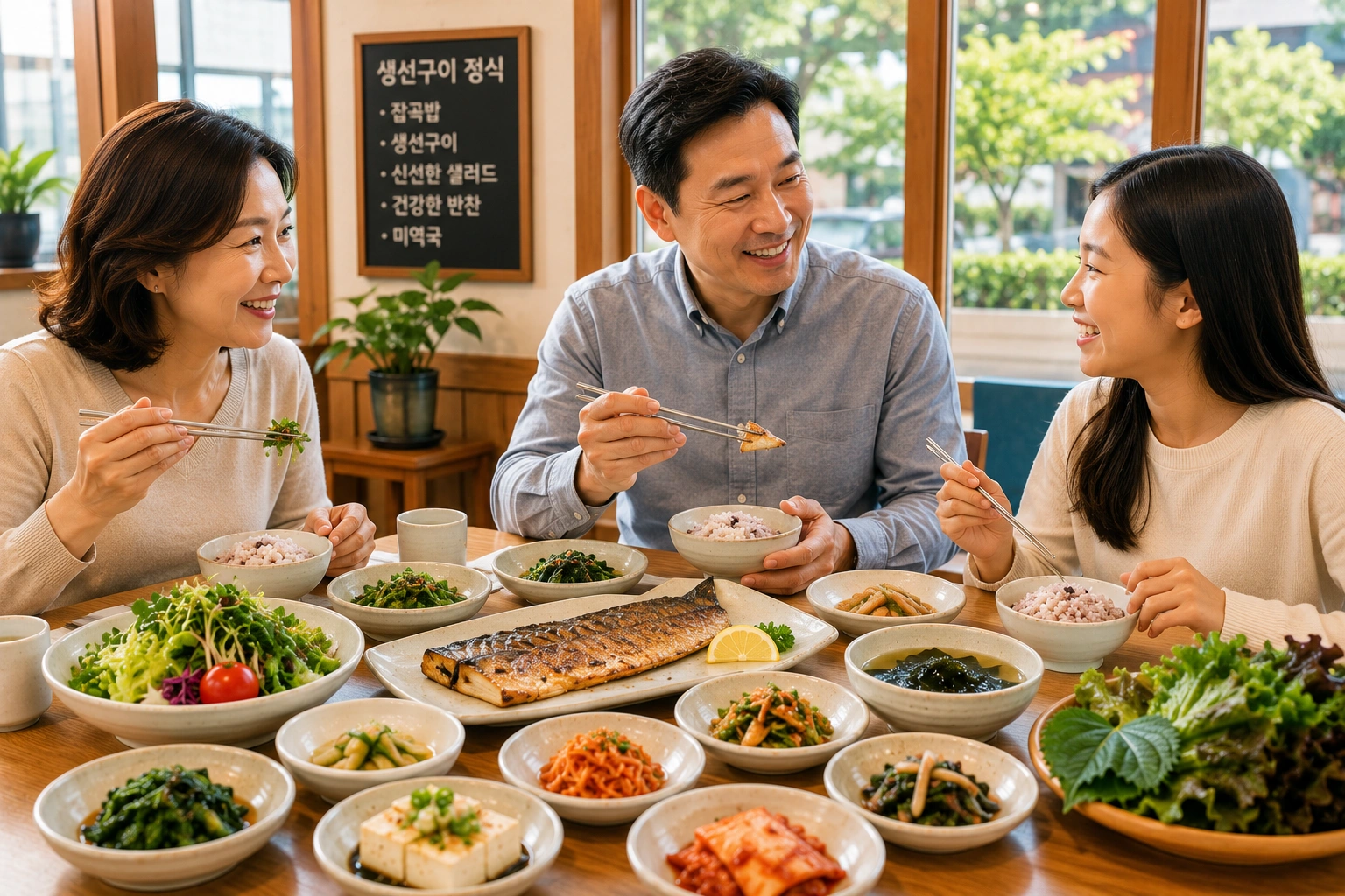 가족이 한식당에서 생선구이와 잡곡밥&amp;#44; 다양한 채소 반찬으로 균형 잡힌 식사를 즐기며 건강한 외식을 하는 모습