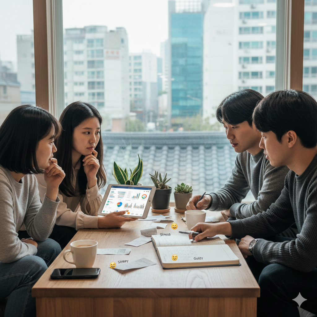 창가 테이블에 네 명의 젊은이가 앉아 태블릿으로 차트를 보며 대화하고 있다. 테이블 위에 'Stress', 'Guilty', 'Happy' 등의 감정 이모지 카드가 놓여 있고, 커피 잔과 노트가 있다. 한 명이 펜으로 카드를 가리키며, 모두 진지하고 공감하는 표정으로 정신 건강이나 감정 관리 워크숍 같은 토론 장면.
