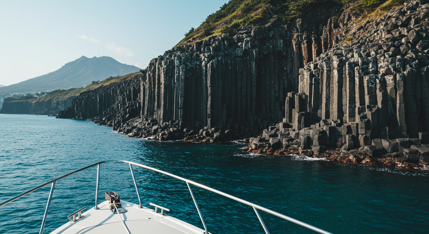 요트 위에서 바라본 제주의 주상절리대와 해안 절벽, 멀리 보이는 한라산 풍경.