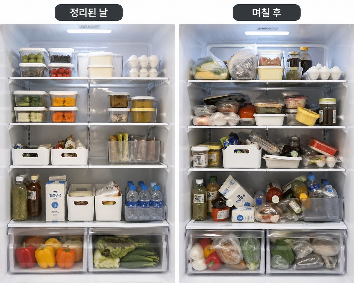 깔끔하게 정리된 냉장고가 며칠 후 다시 뒤섞이고 무질서해진 내부 모습