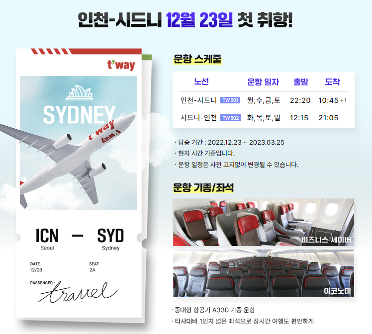 비즈니스, 이코노미로 운영하는 인천-시드니 구간