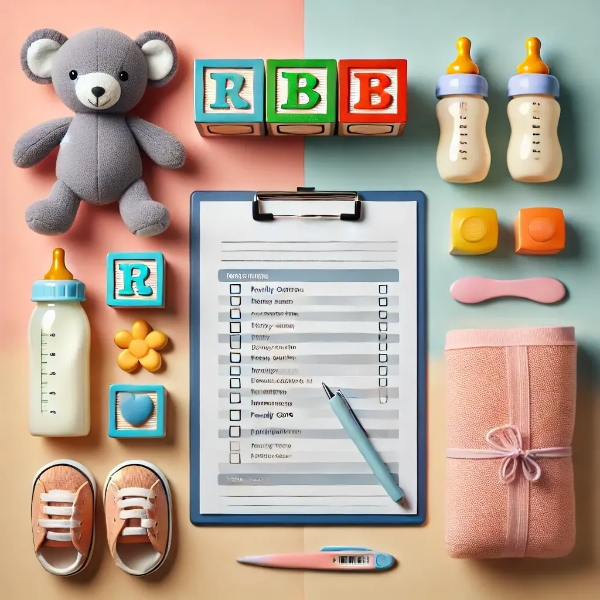 아이돌봄 서비스를 상징하는 장난감, 아기용품, 체크리스트가 놓인 스튜디오 컷