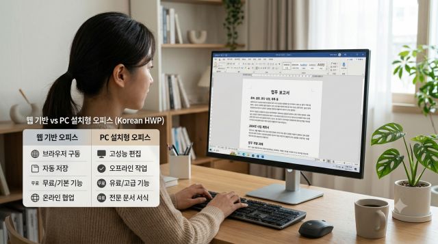 한컴독스 무료 요금제와 설치형 한컴오피스 이용 방법을 비교하는 컴퓨터 화면