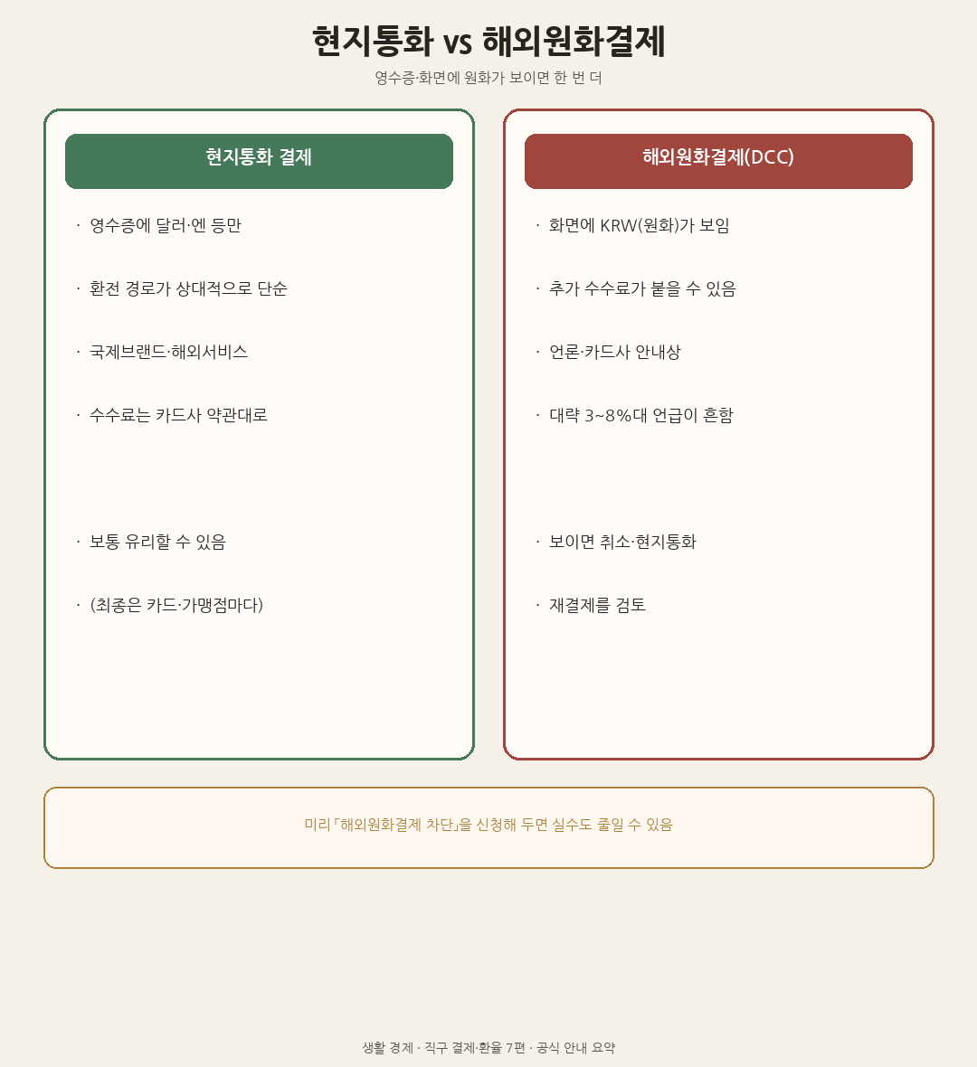 현지통화 결제와 해외원화결제(DCC)를 나란히 비교한 도해