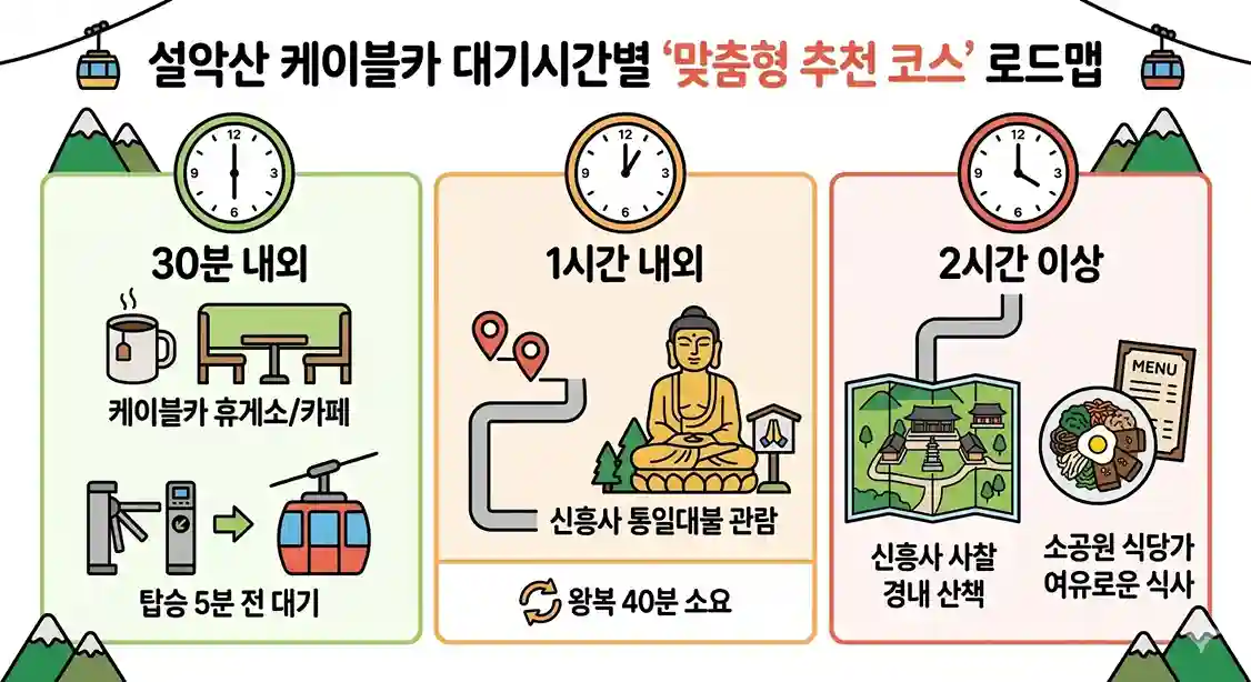 설악산 케이블카 매표 후 탑승까지 남은 대기시간별 맞춤형 추천 코스를 정리한 인포그래픽 로드맵 이미지. 30분 내외일 때는 케이블카 휴게소 및 카페 대기, 1시간 내외일 때는 왕복 40분이 소요되는 신흥사 통일대불 관람, 2시간 이상일 때는 신흥사 사찰 경내 산책과 소공원 식당가 식사를 추천하는 동선이 직관적인 일러스트로 표현