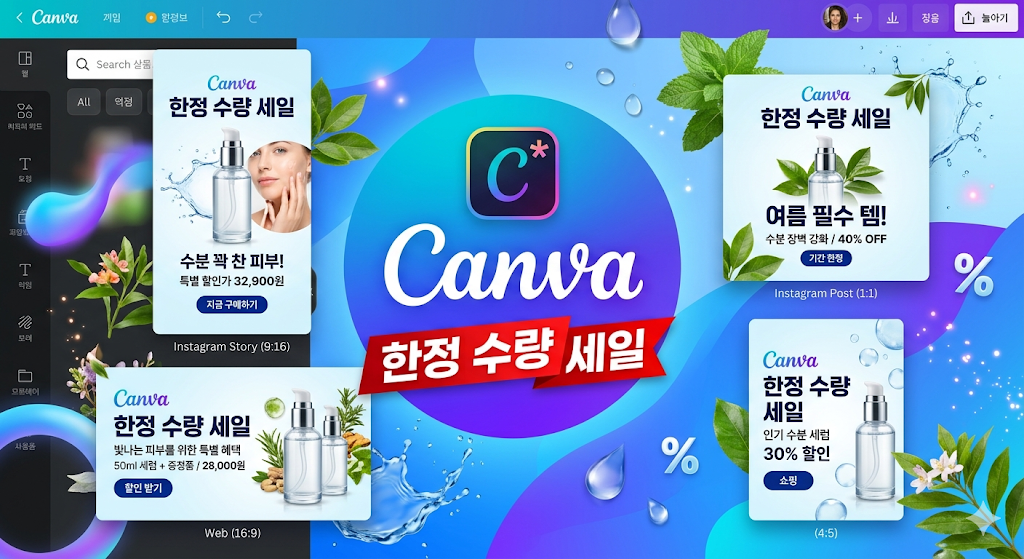 캔바 AI 기능을 활용해 직장인용 부업 마케팅 광고 배너를 제작하는 화면
