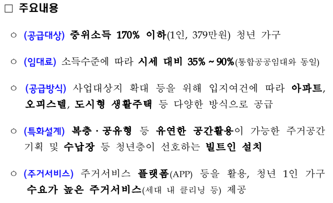 청년 특화주택 주요내용