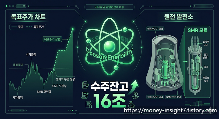 두산에너빌리티 기업 분석 인포그래픽: 목표주가 상향 차트, SMR(소형모듈원전) 모델 및 원전 발전소 구조도와 함께 '수주잔고 16조'가 강조된 이미지