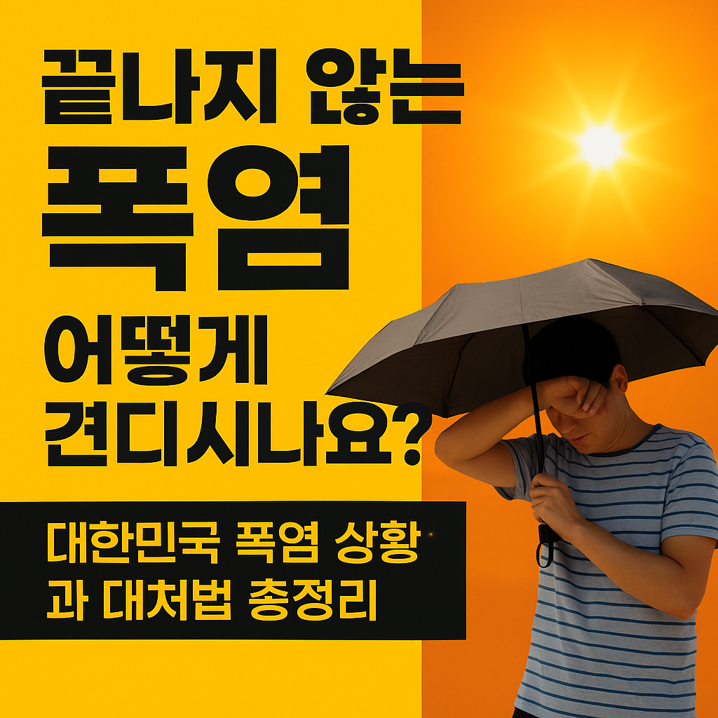 뜨거운 태양 아래 우산을 쓰고 이마를 짚은 남성과 ‘끝나지 않는 폭염, 어떻게 견디시나요?’라는 문구가 함께 있는 대한민국 폭염 대처법 안내 이미지