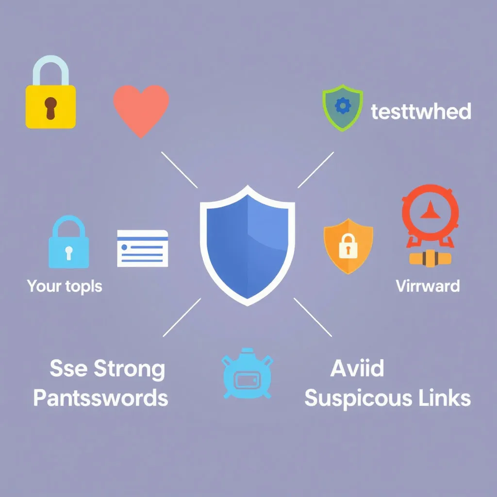 다양한 보안 아이콘(자물쇠, 방패, 바이러스 백신 등)들이 모여 있거나, '강력한 비밀번호 사용', '의심스러운 링크 클릭 금지' 등 간단한 보안 수칙이 그래픽으로 표현된 이미지입니다.