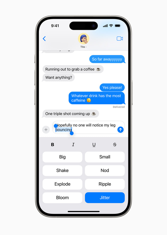 메시지 앱은 iMessage의 글자&amp;#44; 단어&amp;#44; 문구&amp;#44; 이모티콘에 서식을 지정하거나 애니메이션 텍스트 효과를 적용하여 사용자의 개성을 더욱 효과적으로 전달할 수 있는 다양한 기능을 제공한다.