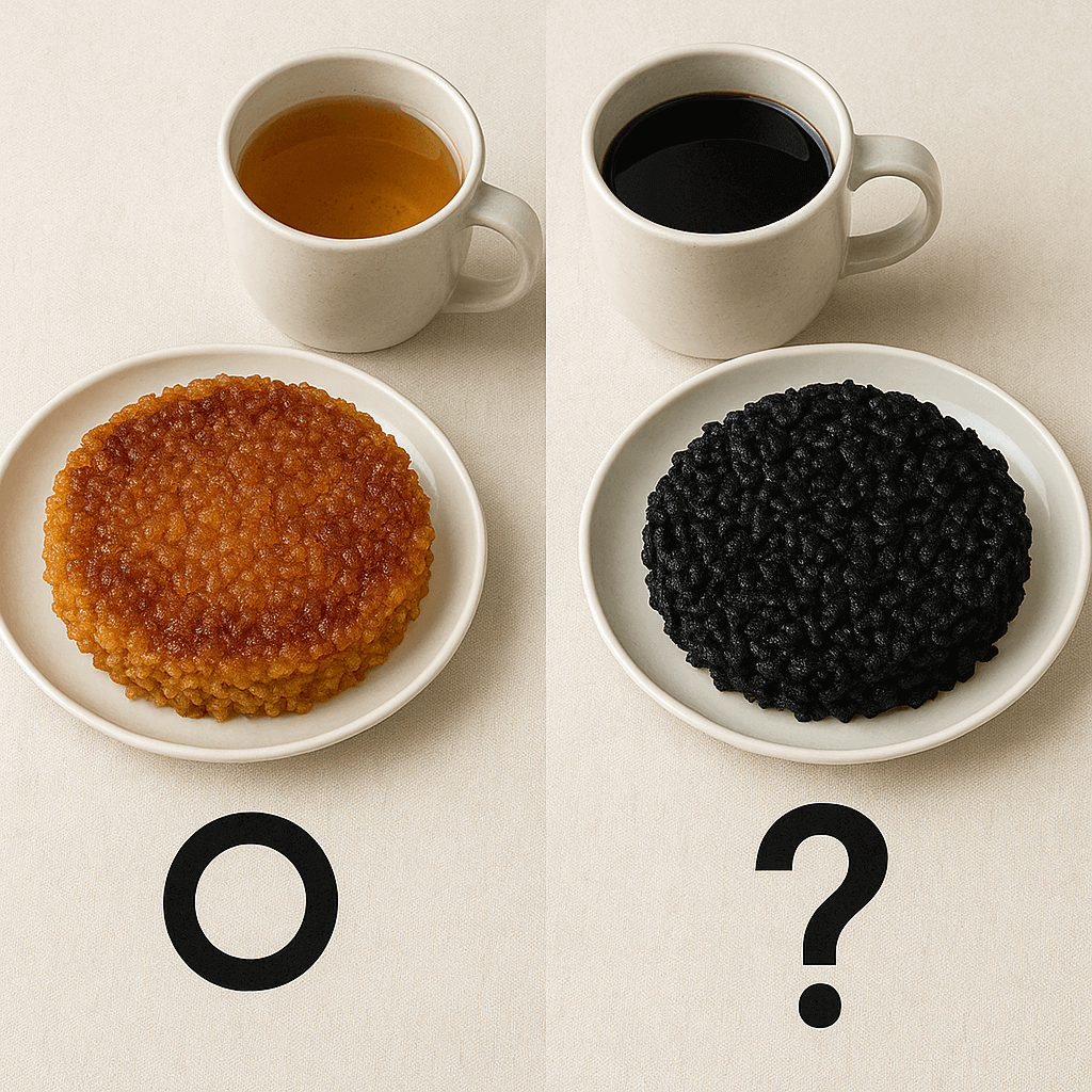 갈색의 맛있는 누룽지와 숭늉은 아래에 동그라미 새까맣게 탄 누룽지와 검은 숭늉은 아래에 물음표를 표시한 이미지