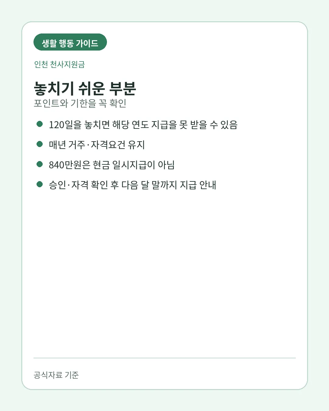 인천 천사지원금 포인트 사용기한과 자격유지 주의사항