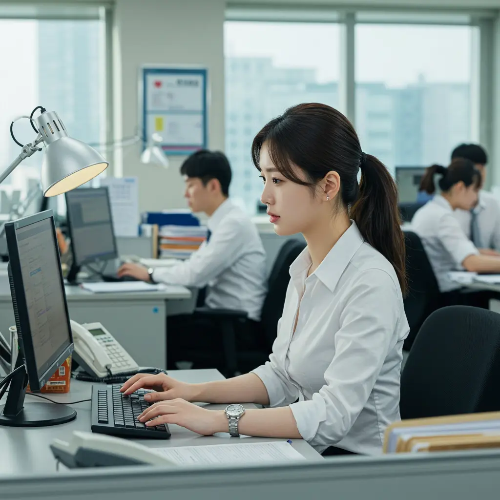 열심히 컴퓨터로 근무하는 직장여성 이미지