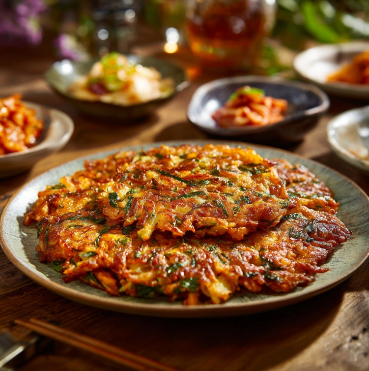 식탁위 반찬들과 김치전을 접시에 담은 모습