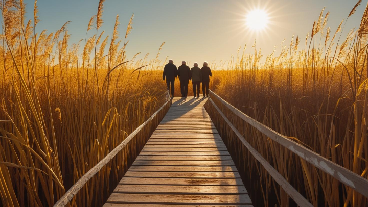 순천만 갈대밭을 천천히 걷는 시니어 여행자, 가을 햇살과 자연의 평온함이 어우러진 장면