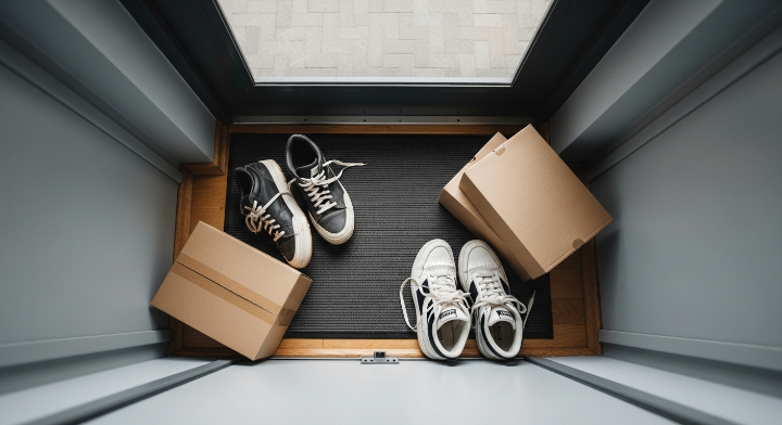 좁은 복도형 원룸 현관에 크고 헌 남성용 운동화 2켤레와 택배 박스 2~3개가 무심하게 놓여 있음