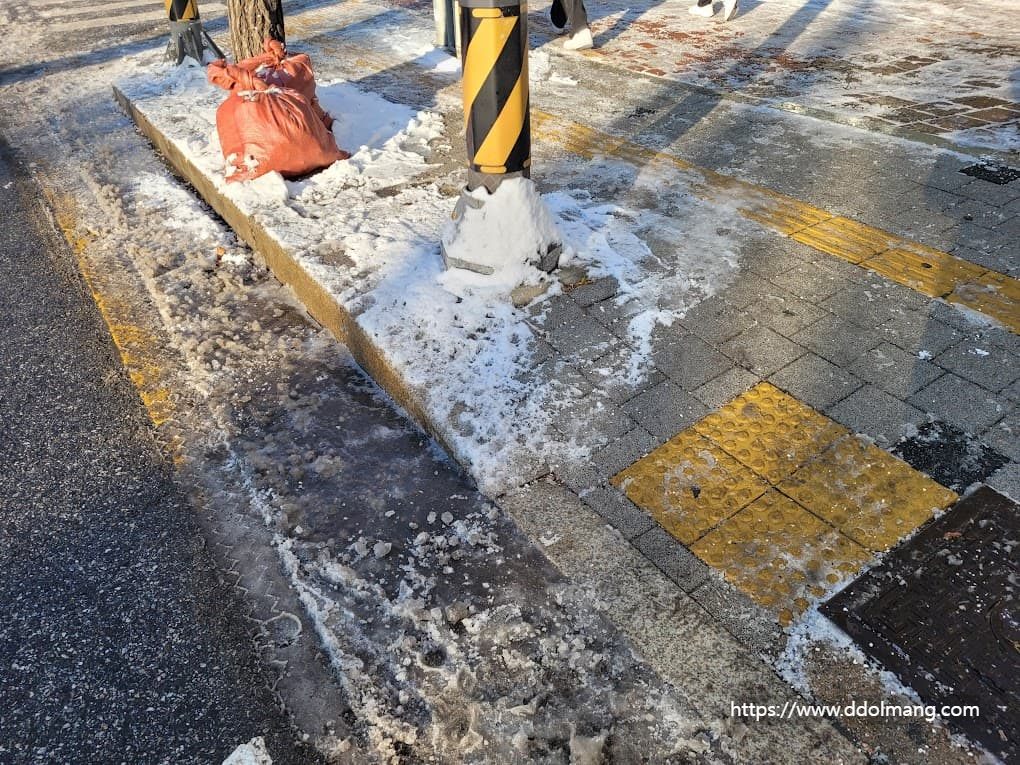 도로 가장자리가 얼어 있는 모습