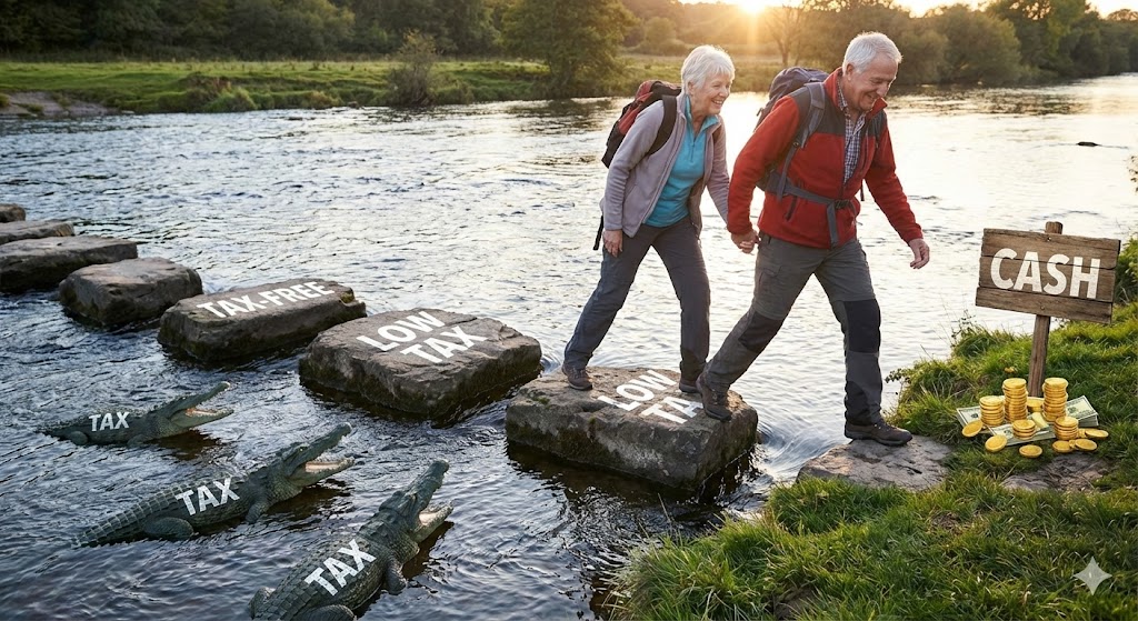 세금 고지서(Tax Bill)를 피해 징검다리를 건너 안전하게 자산을 현금화하는 은퇴자의 모습