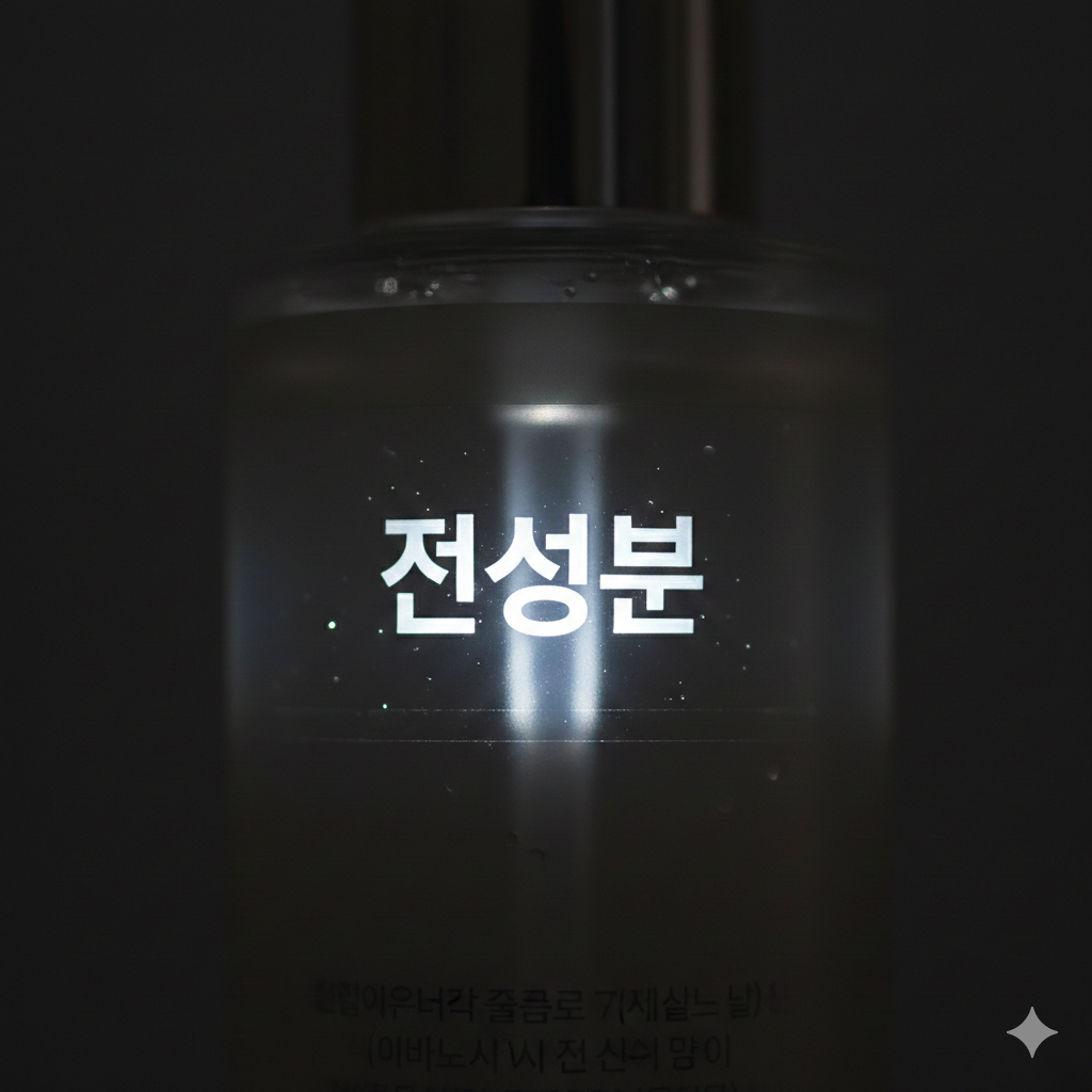 어두운 배경에서 제품 뒷면의 '전성분' 글자가 빛을 받아 선명하게 강조된 매크로 사진