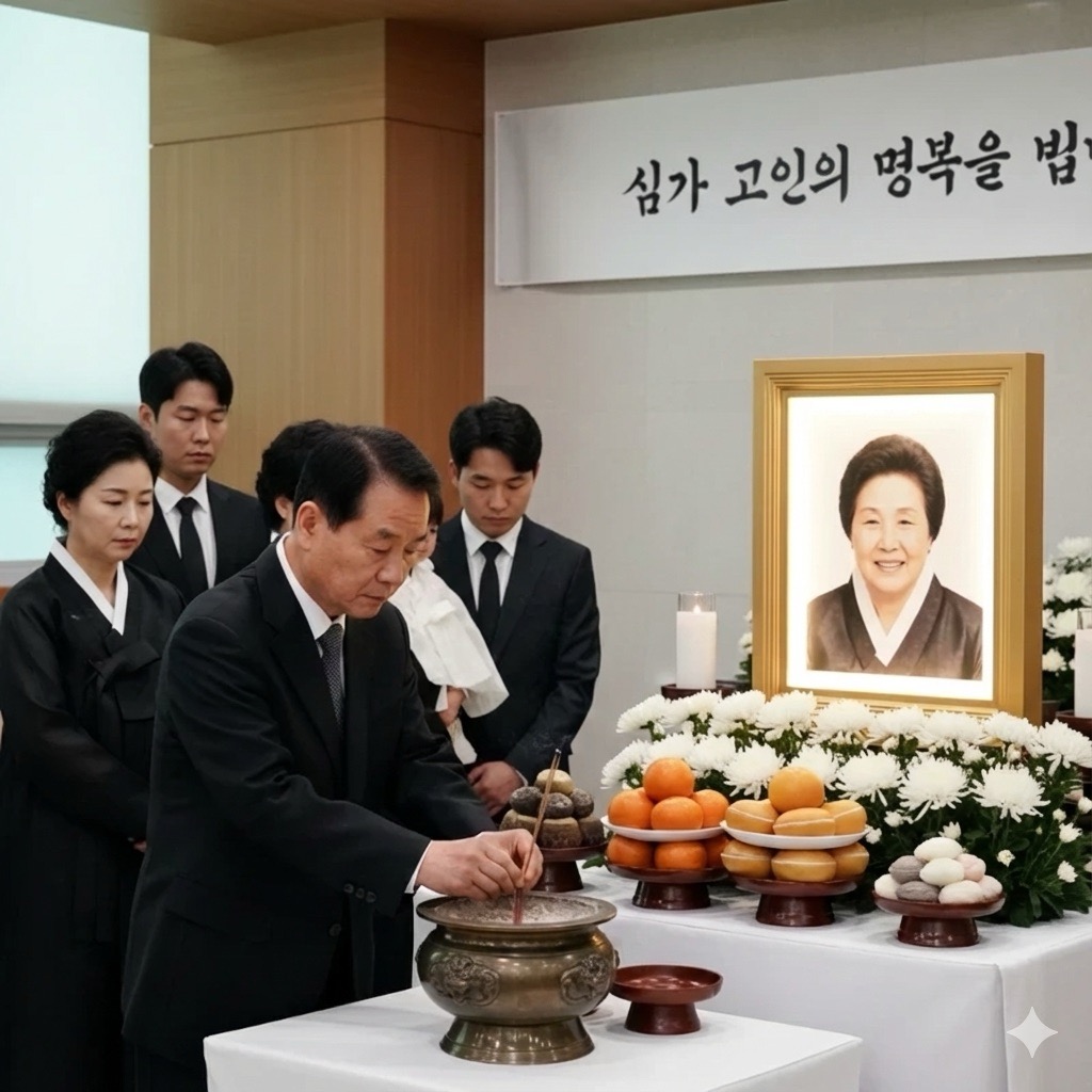 갑작스러운 이별 후 차분하게 장례 절차를 진행하는 가족의 모습. 상주가 향을 올리며 고인을 추모하고 있다.