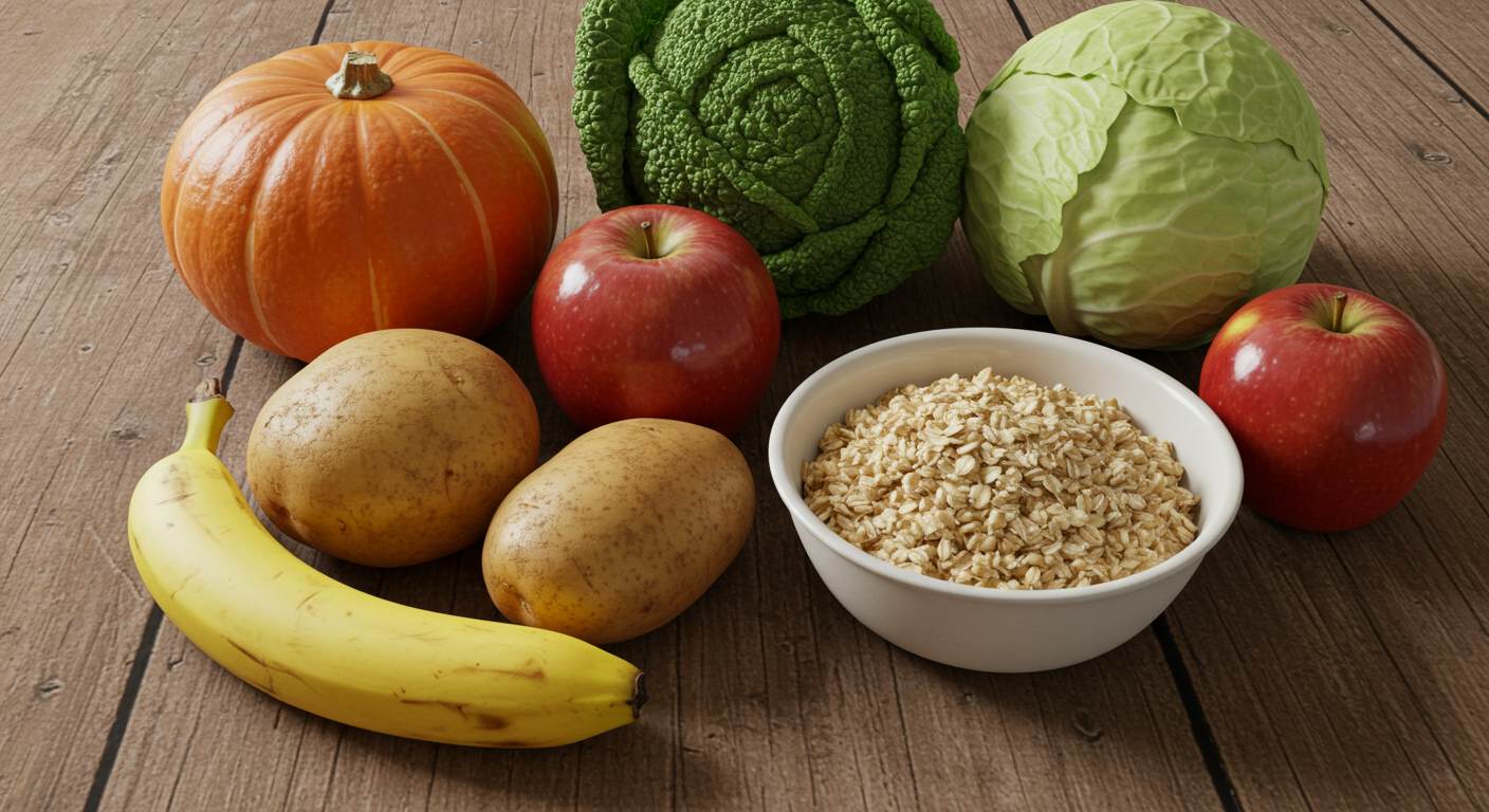 소화에 좋은 음식들이 테이블에 놓여있다. 호박, 사과, 바나나, 오트밀, 양배추