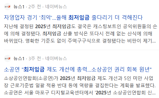 2025년 최저임금 관련 기사들