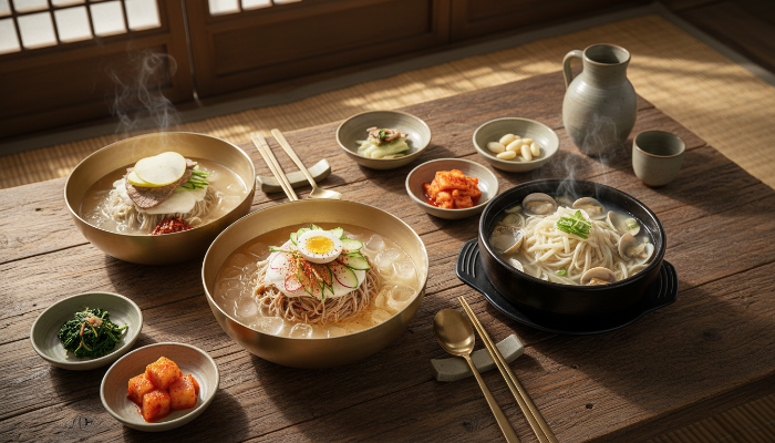 다양한 종류의 한국 전통 국수가 정갈하게 차려진 맛있는 식탁 풍경