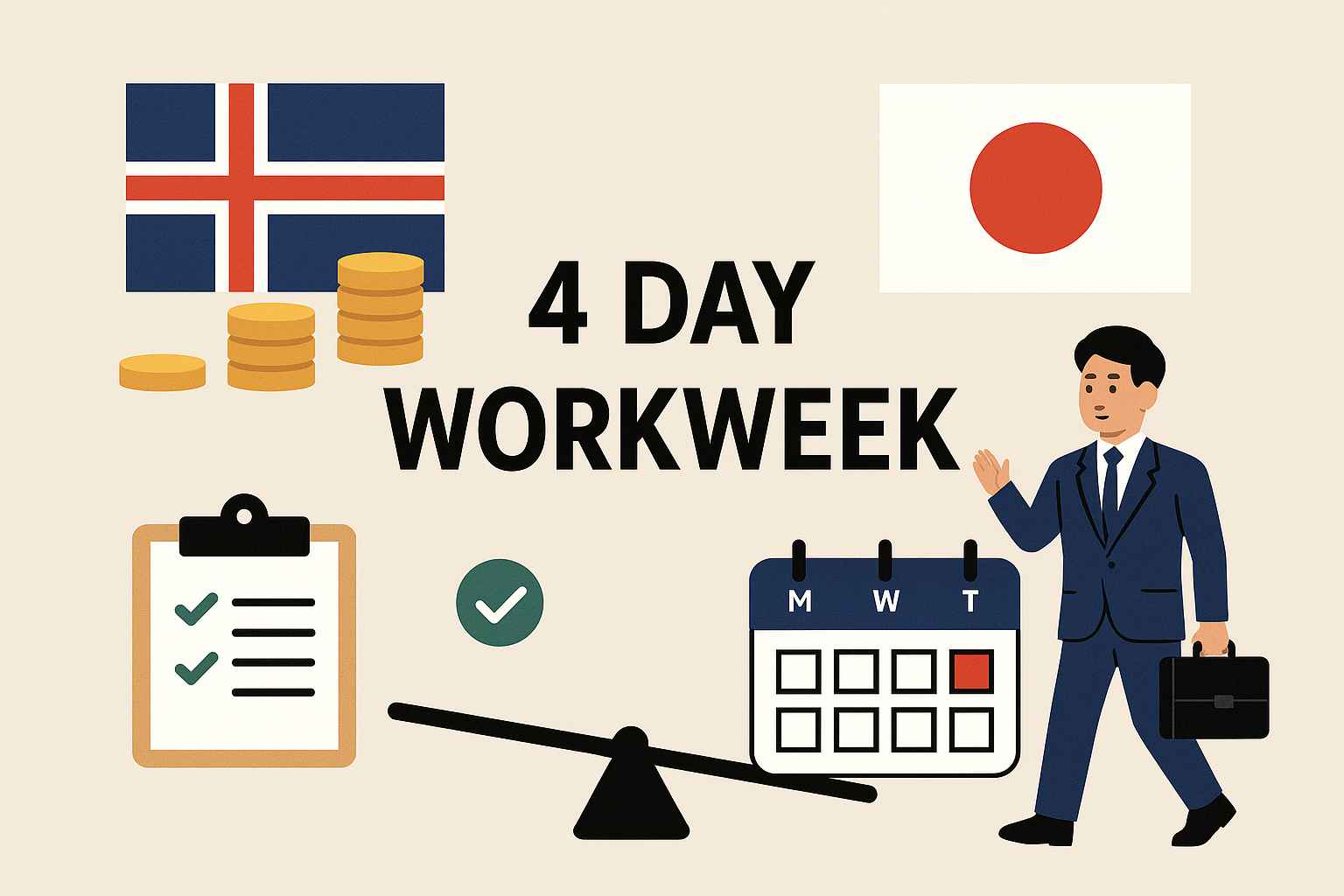 주 4일제를 상징하는 이미지로, 아이슬란드와 일본 국기, 체크리스트, 달력, 저울, 정장 차림 직장인 등이 포함된 해외 사례 일러스트