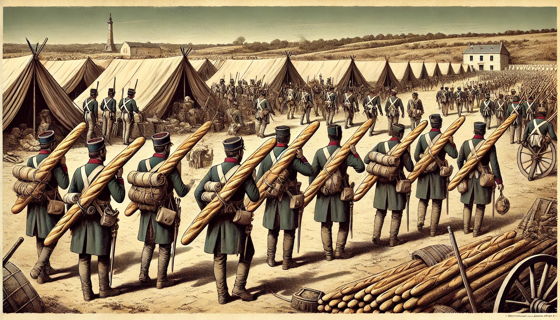 나폴레옹 전쟁 중 실용적인 식량으로 사용된 바게트를 휴대한 병사들을 묘사한 와이드 이미지입니다.