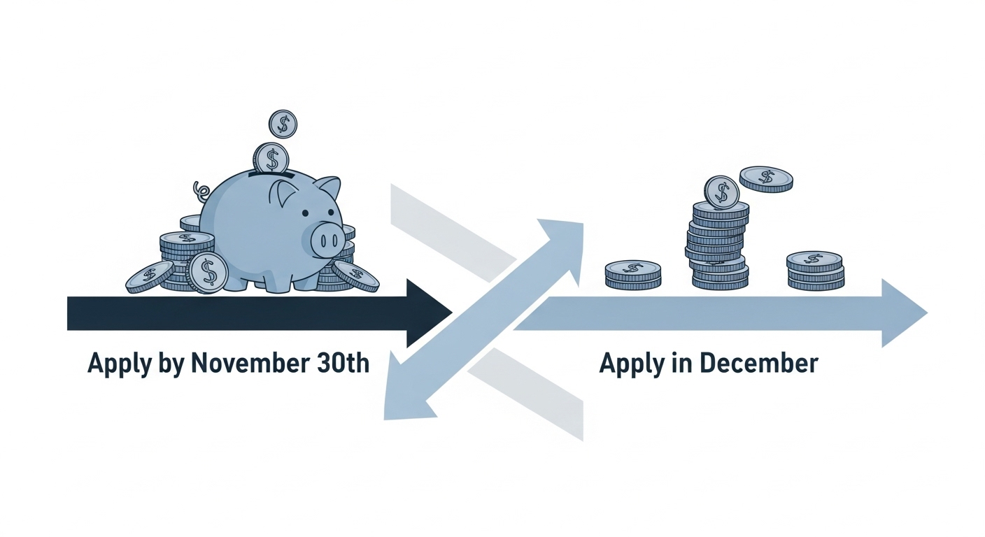 상생 페이백 신청 시점에 따라 혜택이 달라지는 것을 시각적으로 보여주는 그래프. 11월 30일 이전 신청 시 더 많은 금액을 받는 경로와 12월 신청 시 적은 금액을 받는 경로가 대비됨.