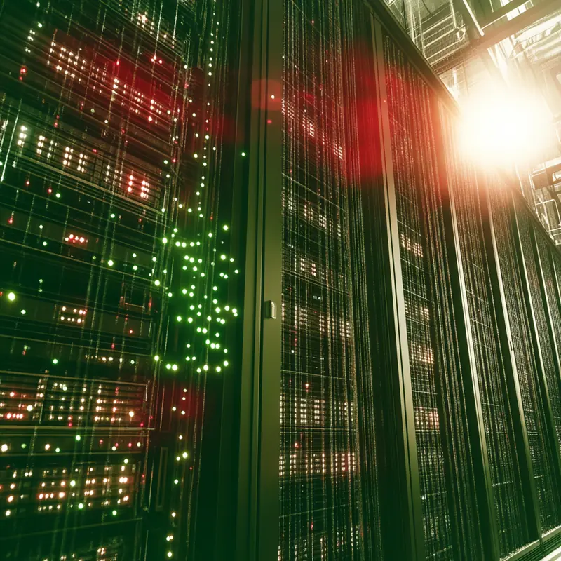 거대한 데이터 센터에서 AI 컴퓨팅 솔루션의 중심을 이루는 서버들이 조화롭게 작동하며 미래 기술 인프라를 구축한다.