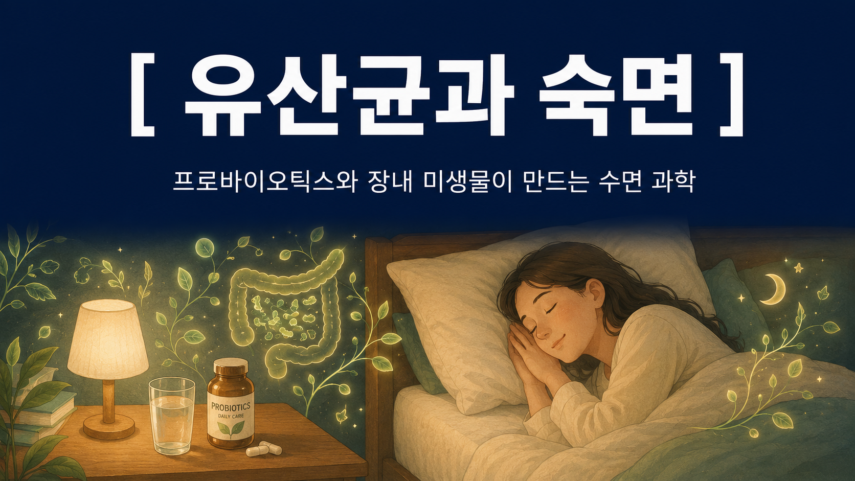 어두운 인디고 배경 상단에 한글로 "[ 유산균과 숙면 ]"이라는 타이틀과 "프로바이오틱스와 장내 미생물이 만드는 수면 과학"이라는 부제가 적혀 있고, 하단에는 유산균 병과 물 한 잔이 놓인 따뜻한 침실에서 편안히 잠든 사람의 손그림 일러스트가 담긴 깊은잠 연구소의 웰니스 매거진 썸네일 이미지.