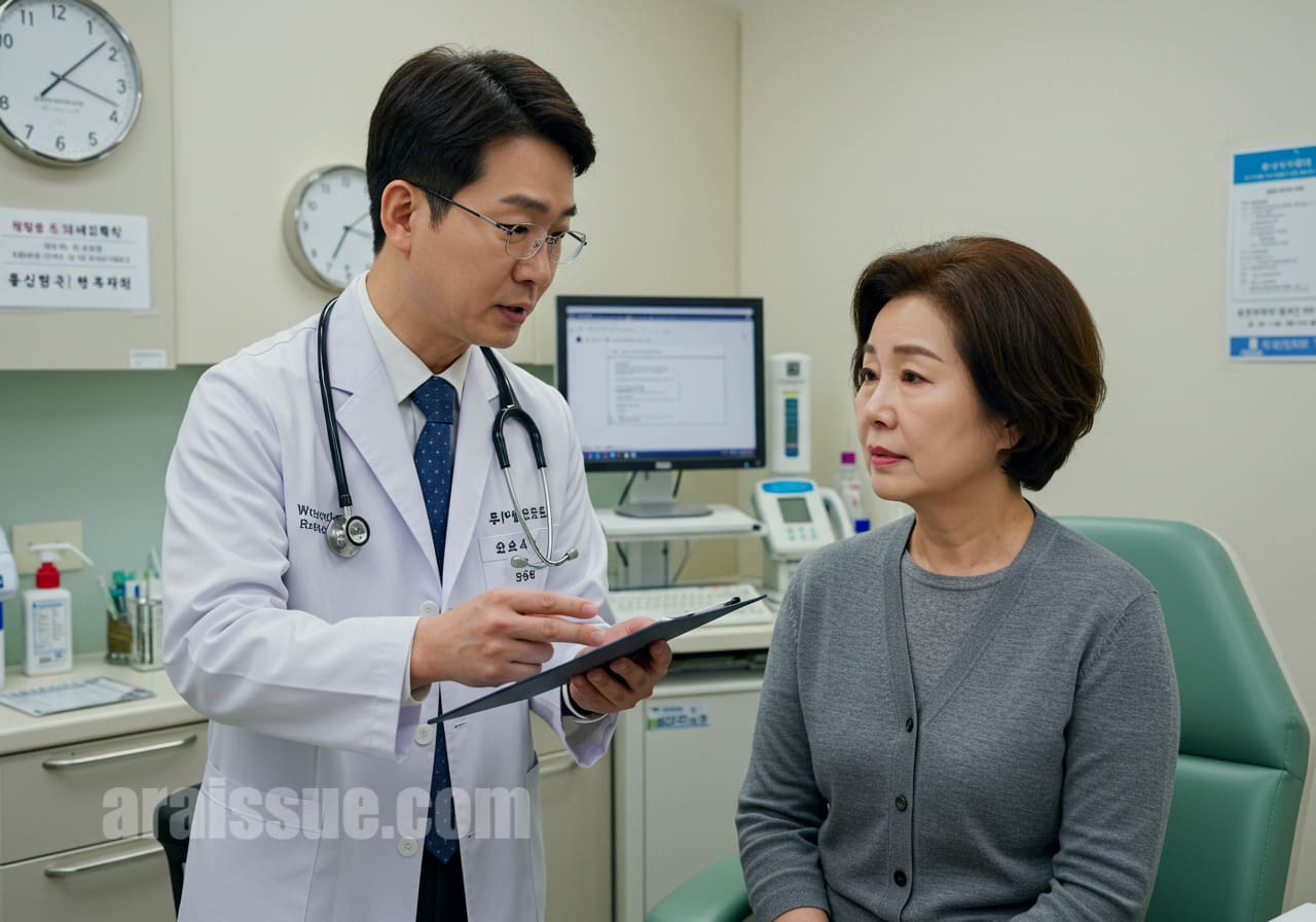 50대 한국 의사가 폐경기 자궁근종 증상 변화에 대해 설명하는 모습. 최신 장비를 갖춘 현대적인 병원에서 이루어지는 진료 장면입니다.