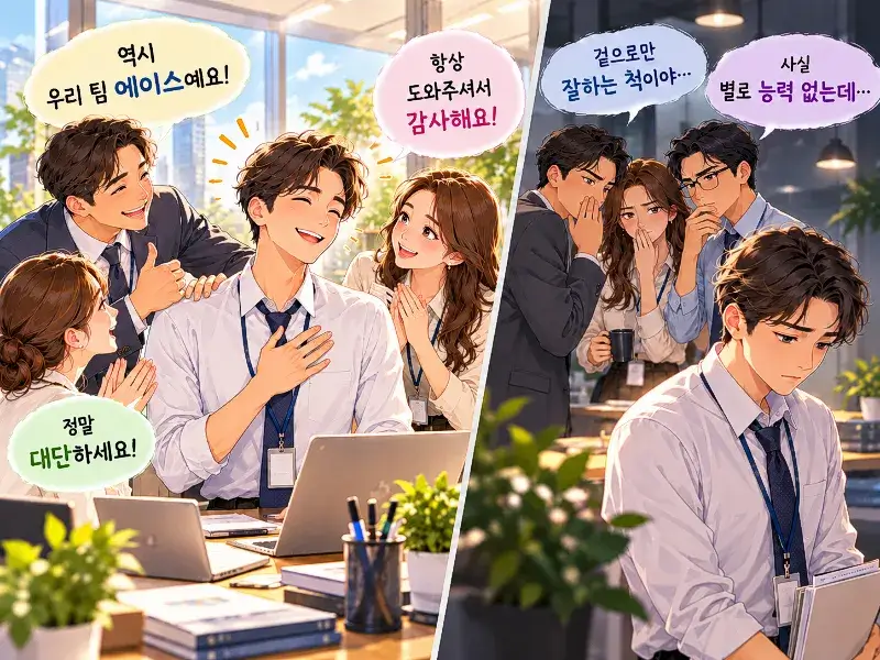 Pyoribudong (表裏不同), a Korean four-character idiom illustrating two-faced behavior in the workplace, where coworkers praise a colleague in person but gossip about him behind his back.