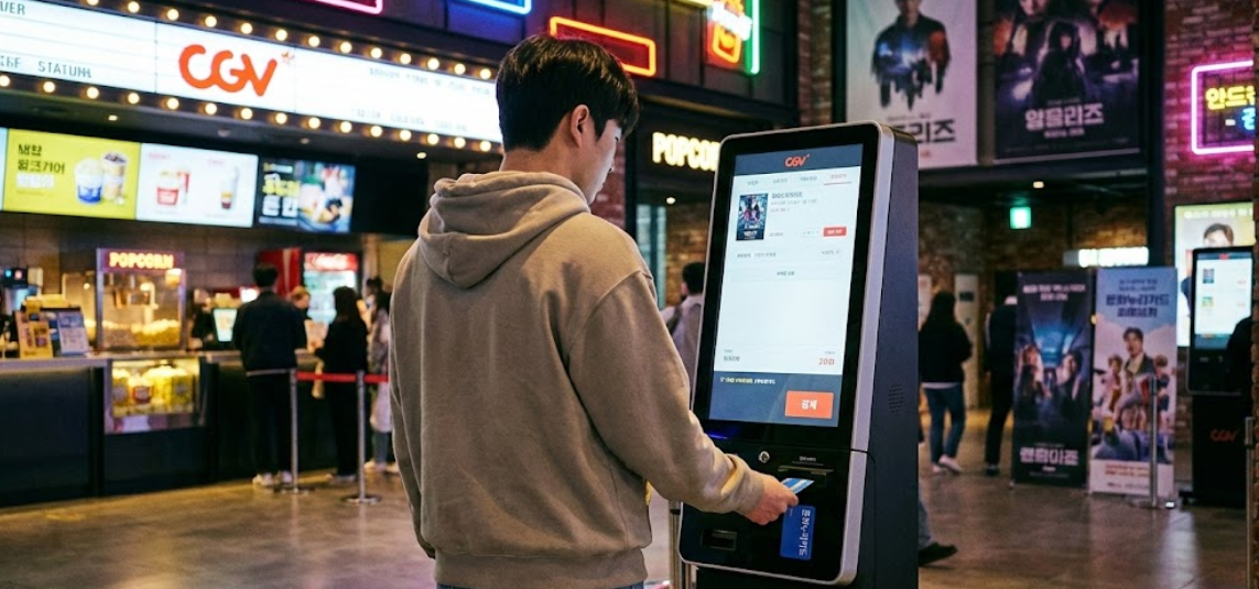 영화관 티켓 박스에서 문화누리카드로 결제하는 청년의 모습
