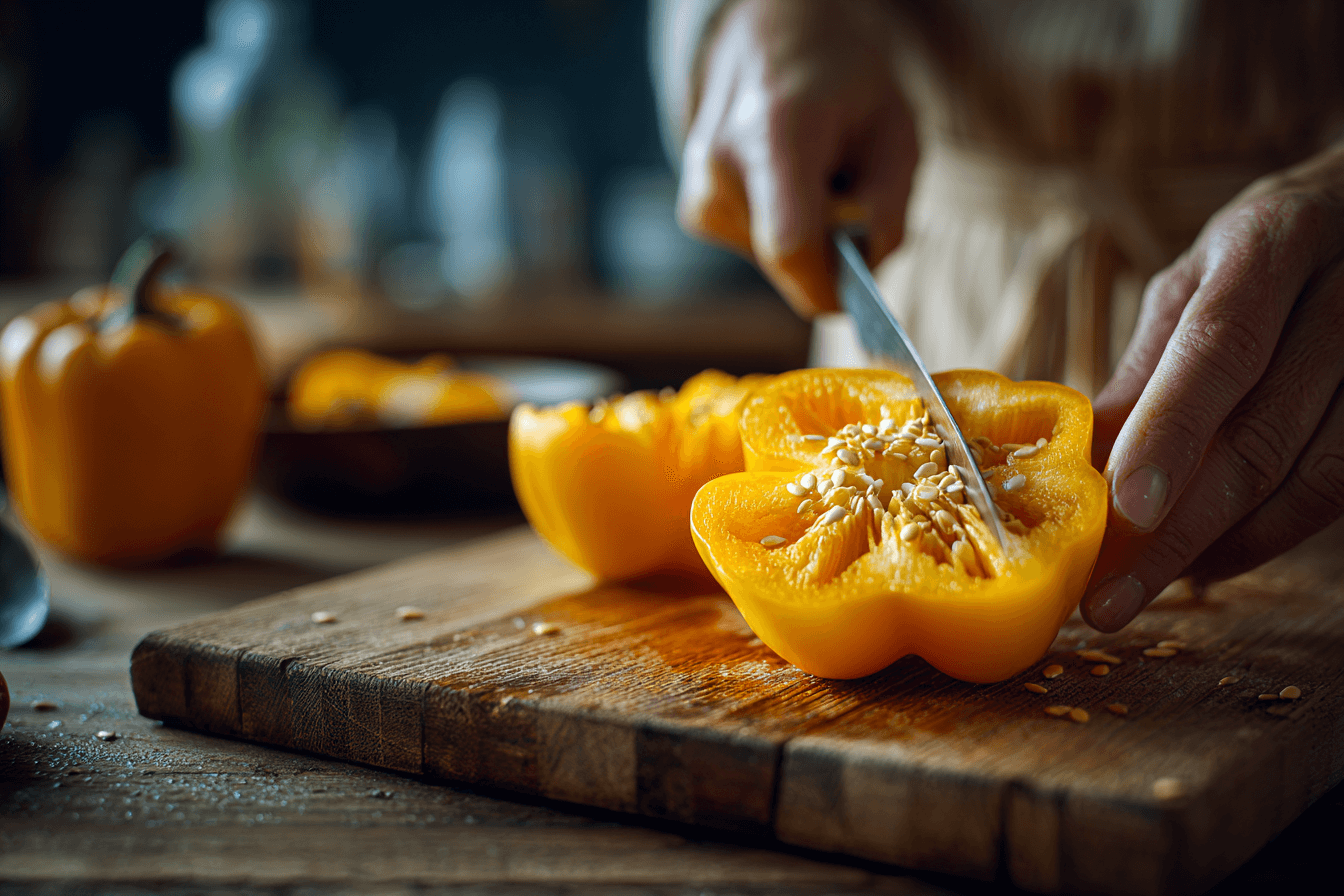 도마-위에서-파프리카를-썰고-있는-모습