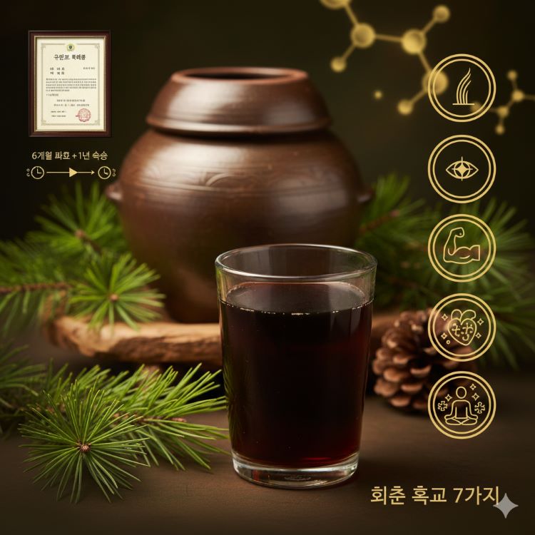 전통 옹기 항아리에서 발효되는 검은빛 현미식초와 푸른 솔잎을 결합한 아름다운 합성 이미지. 중앙에 흑초가 담긴 유리잔이 있고, 배경에는 전통 옹기와 신선한 송엽 가지. 왼쪽 하단에는 '6개월 발효+1년 숙성' 타임라인, 오른쪽에는 회춘 효과 7가지를 아이콘으로 표시(검은 머리, 밝은 눈, 건강한 다리 등). 상단에 구관모 특허증 이미지. 전통과 건강이 만나는 느낌의 다크브라운-그린-골드 고급스러운 컬러 조합