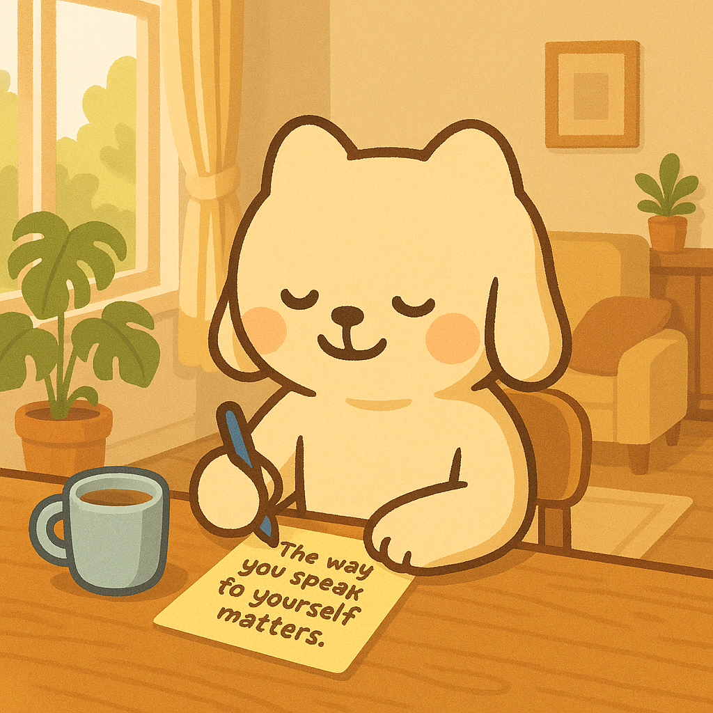 따뜻한 실내 분위기 속에서 귀여운 캐릭터 고양이가 나무 테이블에 앉아 편지를 쓰고 있다. 고양이는 핑크빛 볼과 평화로운 미소를 띠고 있으며, 편지에는 &ldquo;The way you speak to yourself matters.&rdquo;라는 문장이 적혀 있다. 테이블 위엔 따뜻한 커피가 담긴 머그잔과 초록 식물이 있고, 창밖으로는 햇살과 나무가 보이며 전체적으로 아늑하고 치유적인 느낌을 자아낸다.