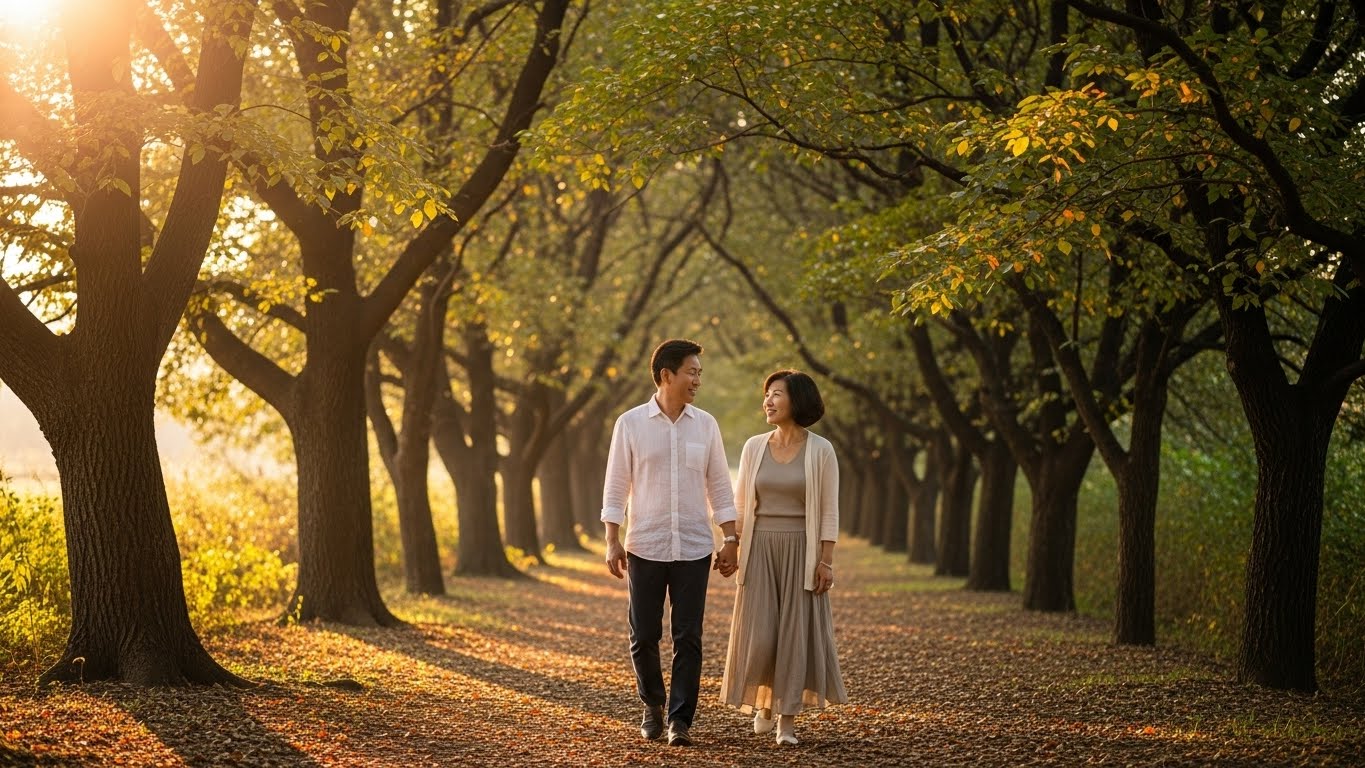연금 자산의 시스템화를 통해 경제적 자유를 얻고 숲길을 산책하며 행복해하는 한국인 부부