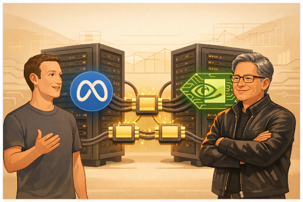 메타와 엔비디아의 장기 AI 칩 공급 계약을 상징적으로 보여주는 일러스트
