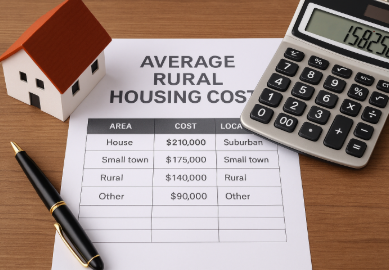 농촌 주거비 평균표, 계산기, 모형 주택이 함께 놓인 책상 위의 장면