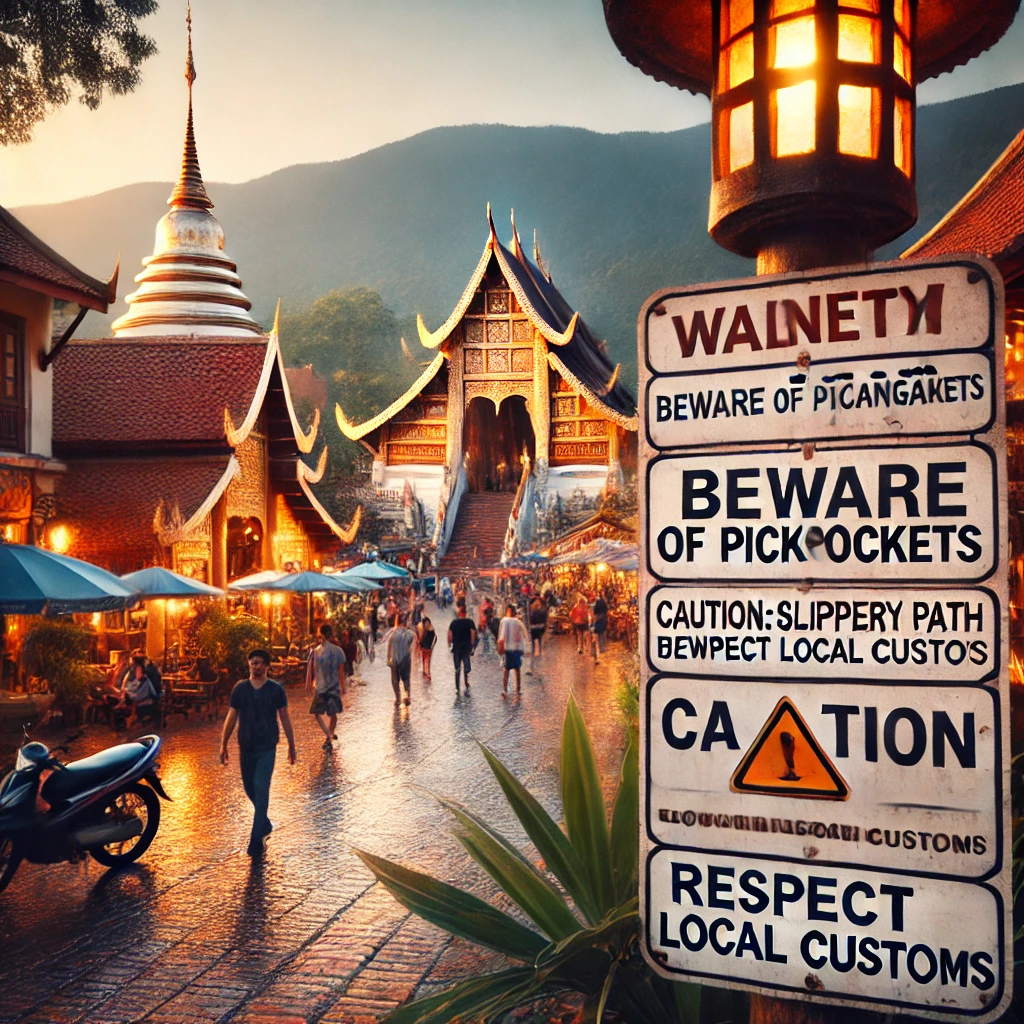 치앙마이 여행자의 안전을 위한 경고 표지판 또는 관광지 모습