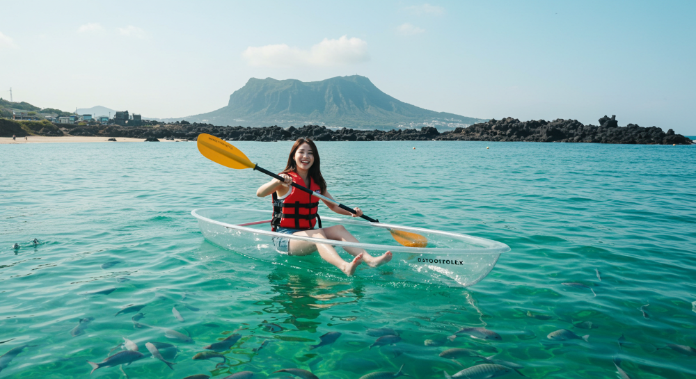투명 카약을 타고 제주 협재 해변 에메랄드 바다를 즐기는 한국인