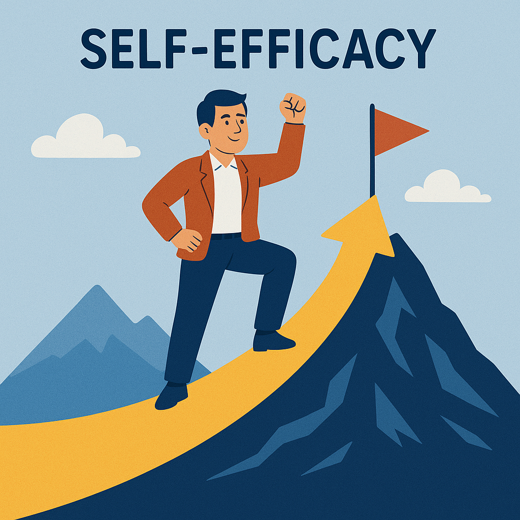 자기효능감을 상징하는 일러스트, 목표를 향해 올라가는 남성의 긍정적인 자세와 성장 이미지