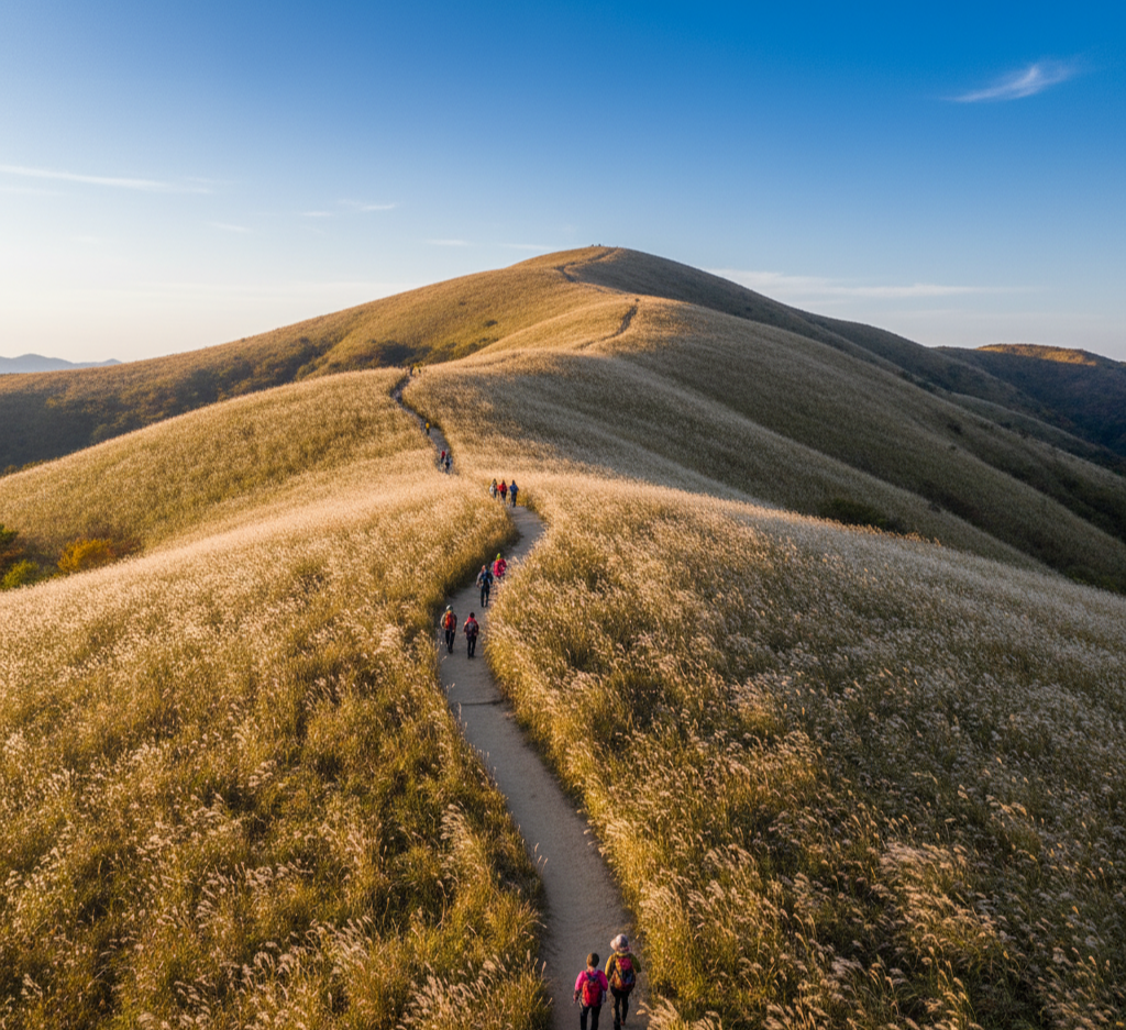 간월재 억새길을 걷는 등산객들