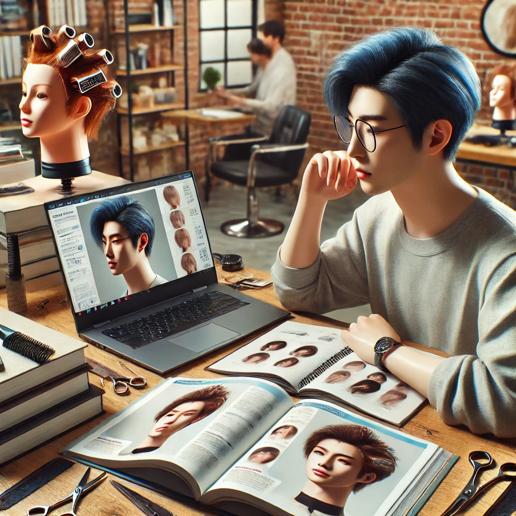 미용사가 책상에 앉아 최신 미용사 필기시험 문제를 분석하는 모습. 주변에는 교과서, 노트북, 마네킹 머리와 헤어 도구들이 정리되어 학습 집중도가 돋보임