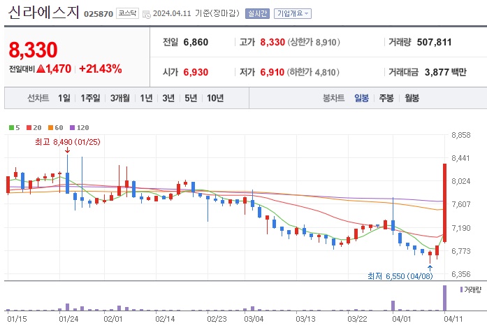 신라에스지 주가